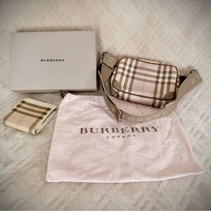 Small Burberry Pink, Beige and Brown Plaid Bag and Wallet Set